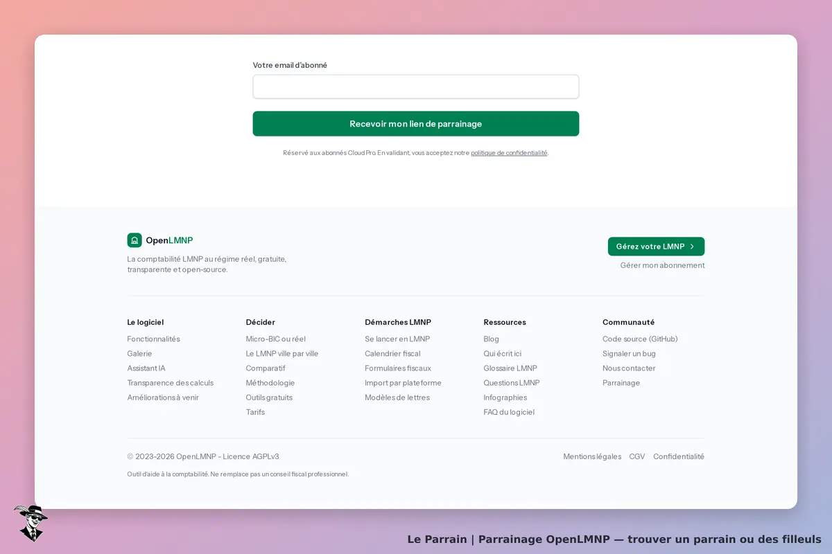 OpenLMNP : formulaire de parrainage avec champ email et bouton pour recevoir le lien de parrainage