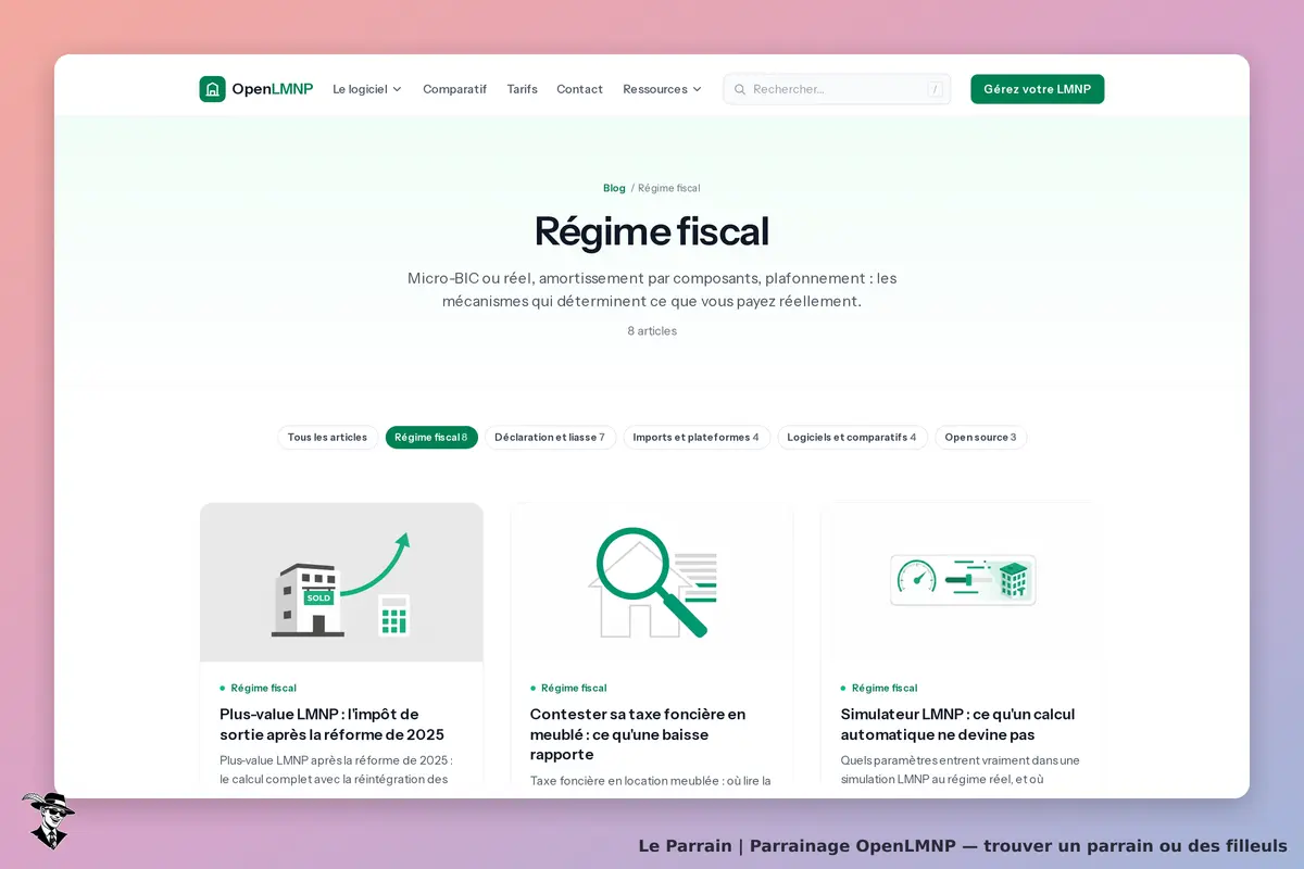 OpenLMNP : page d'accueil avec articles sur le régime fiscal et navigation par catégories