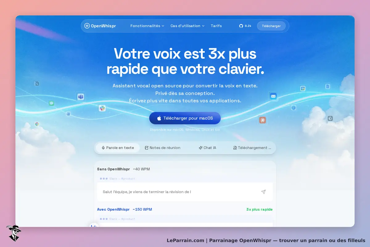 OpenWhispr : page d'accueil présentant un assistant vocal pour convertir la voix en texte