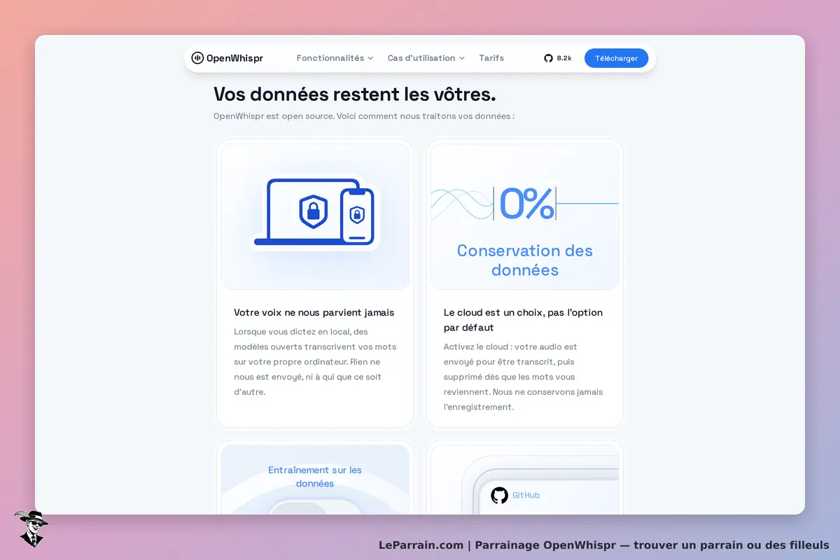 OpenWhispr : page d'accueil présentant la conservation des données et des fonctionnalités