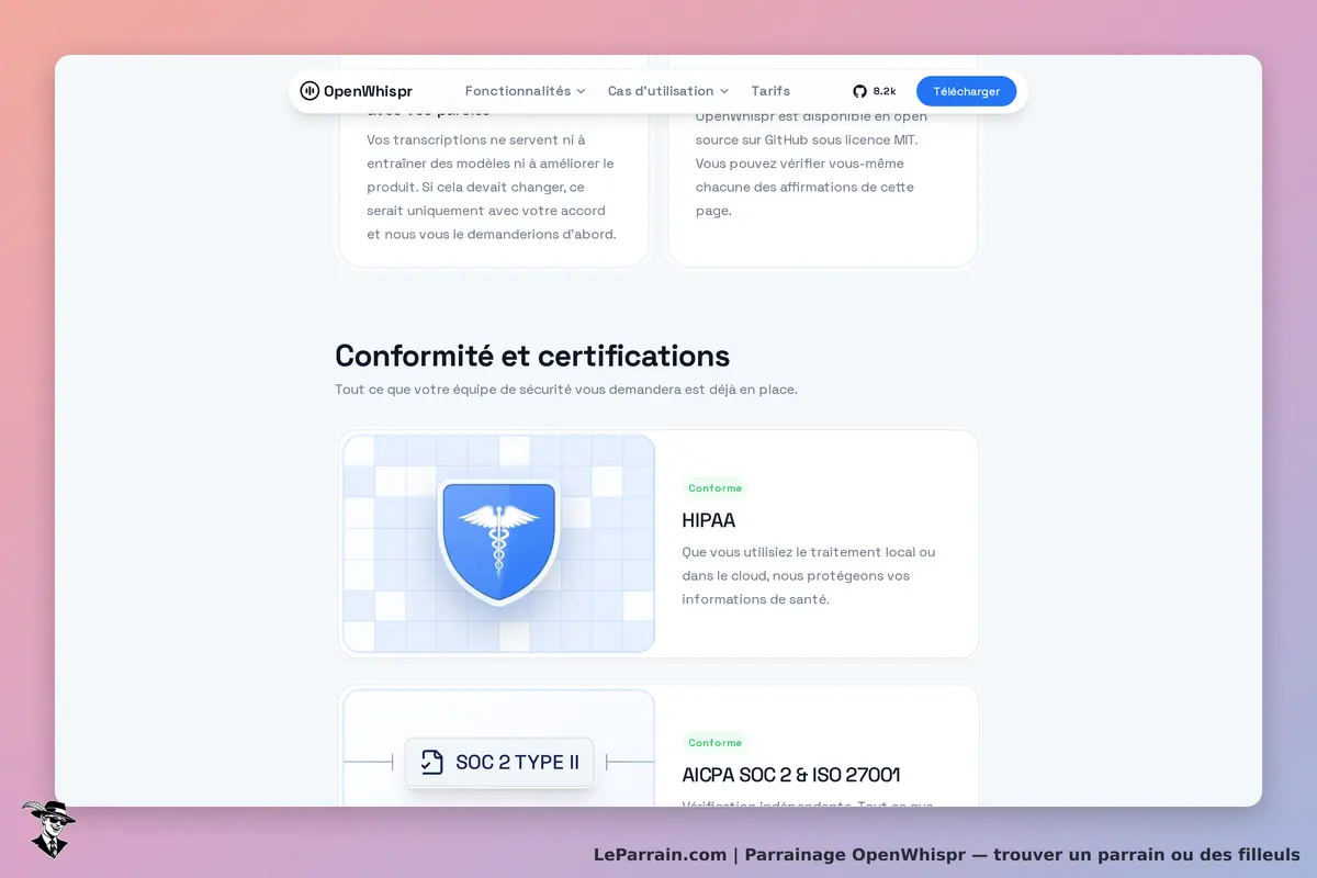 OpenWhispr : section sur la conformité et les certifications avec icônes et descriptions