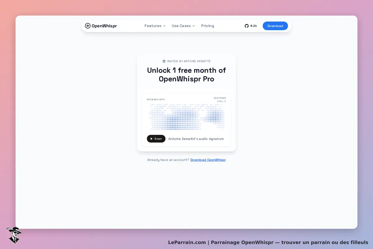 OpenWhispr : page d'accueil avec un formulaire d'invitation et une carte de signature audio