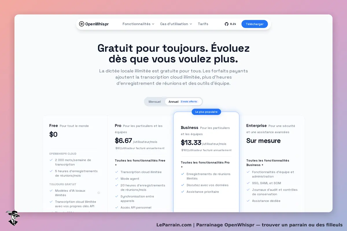 OpenWhispr : page d'accueil avec options de tarification et descriptions des forfaits disponibles