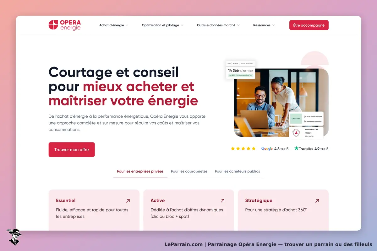 Opéra Énergie : page d'accueil avec texte sur le courtage et conseil en énergie