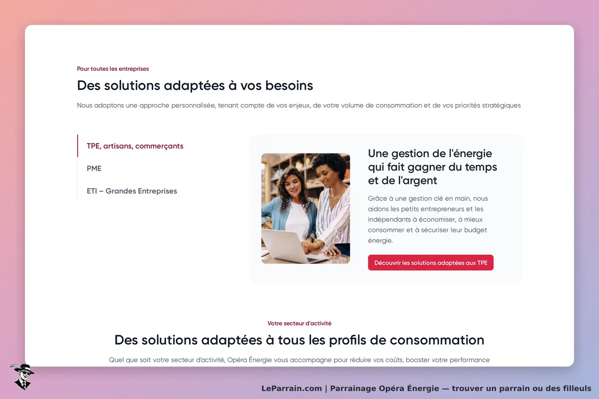 Opéra Énergie : page d'accueil présentant des solutions pour entreprises et une gestion de