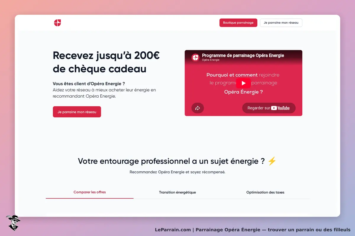 Opéra Énergie : page d'accueil avec informations sur le parrainage et vidéo explicative
