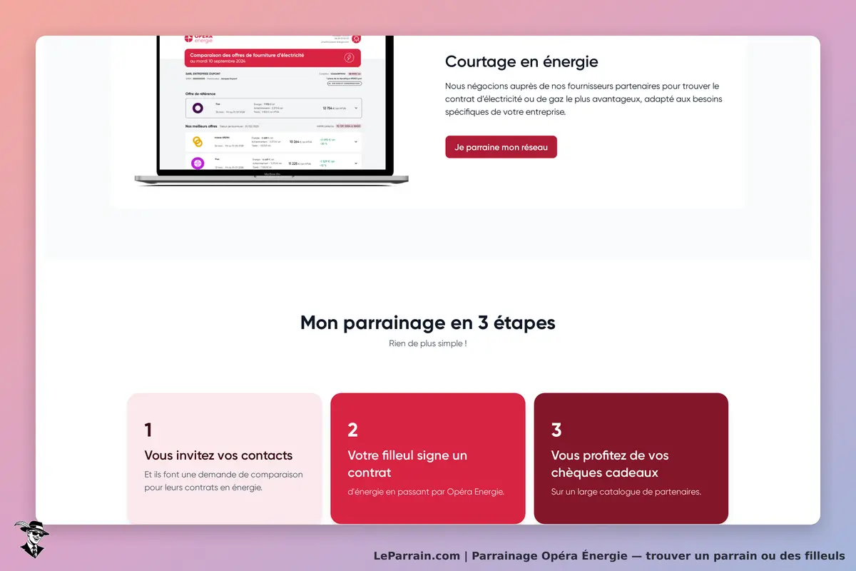 Opéra Énergie : page d'accueil avec étapes de parrainage et offre de courtage en énergie