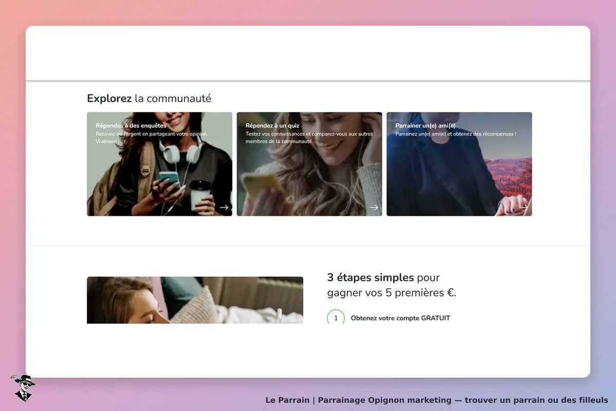 Opignon marketing : page d'accueil avec options d'enquêtes et parrainage, images de personnes