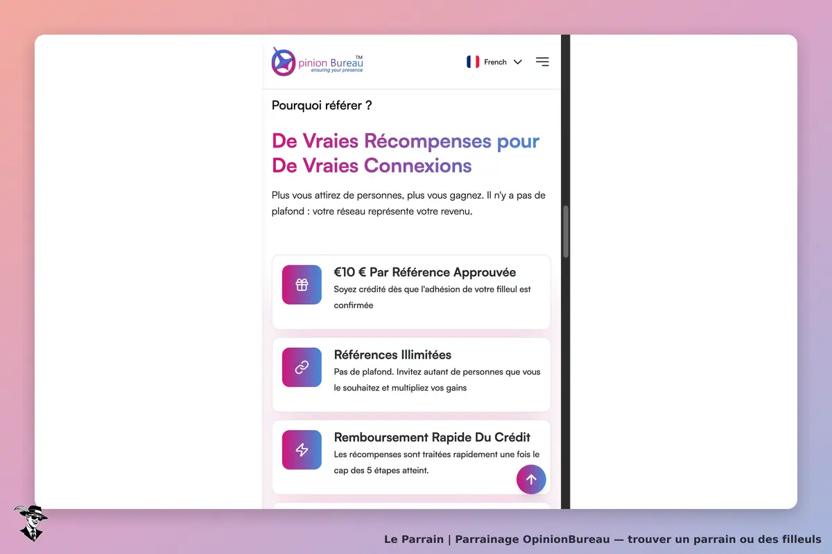 OpinionBureau : page d'accueil présentant des récompenses et des avantages pour le parrainage