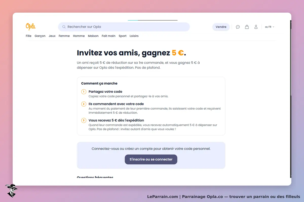 Opla.co : opla : page d'accueil avec présentation d'un programme de parrainage et étapes