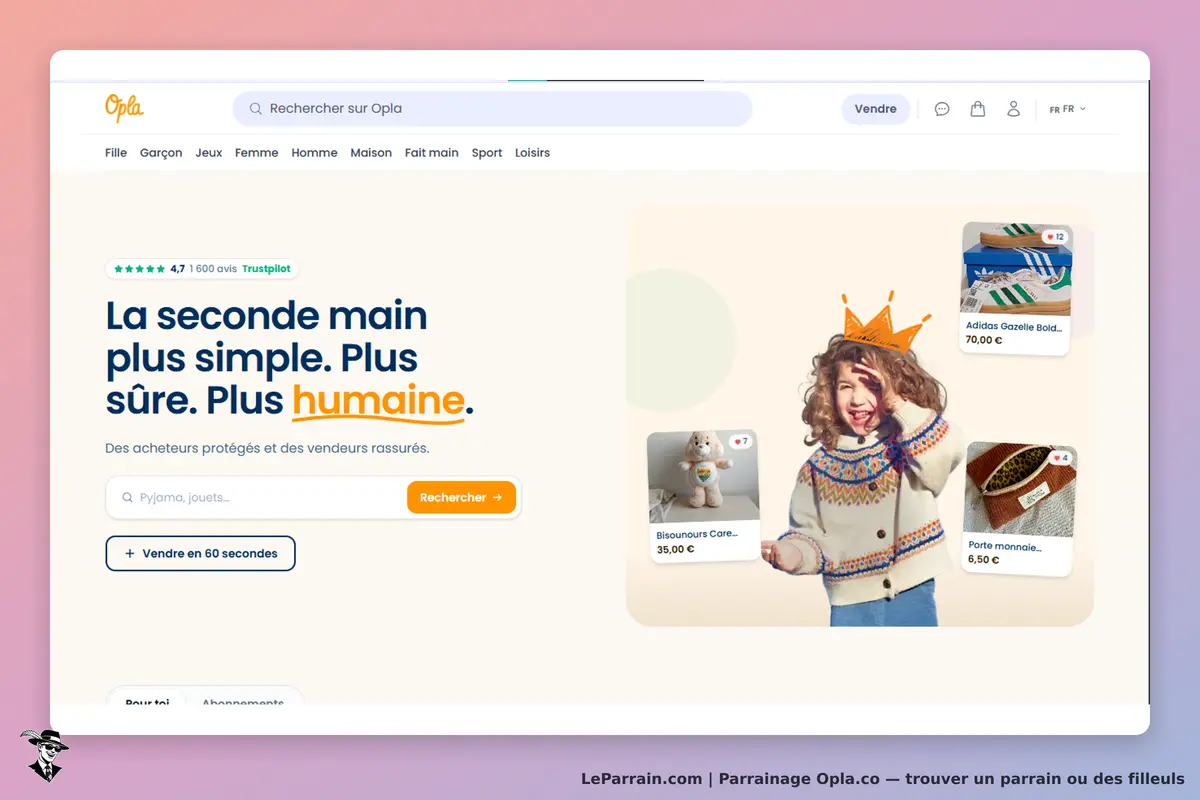 Opla.co : opla : page d'accueil avec un enfant souriant et des produits en seconde main affichés