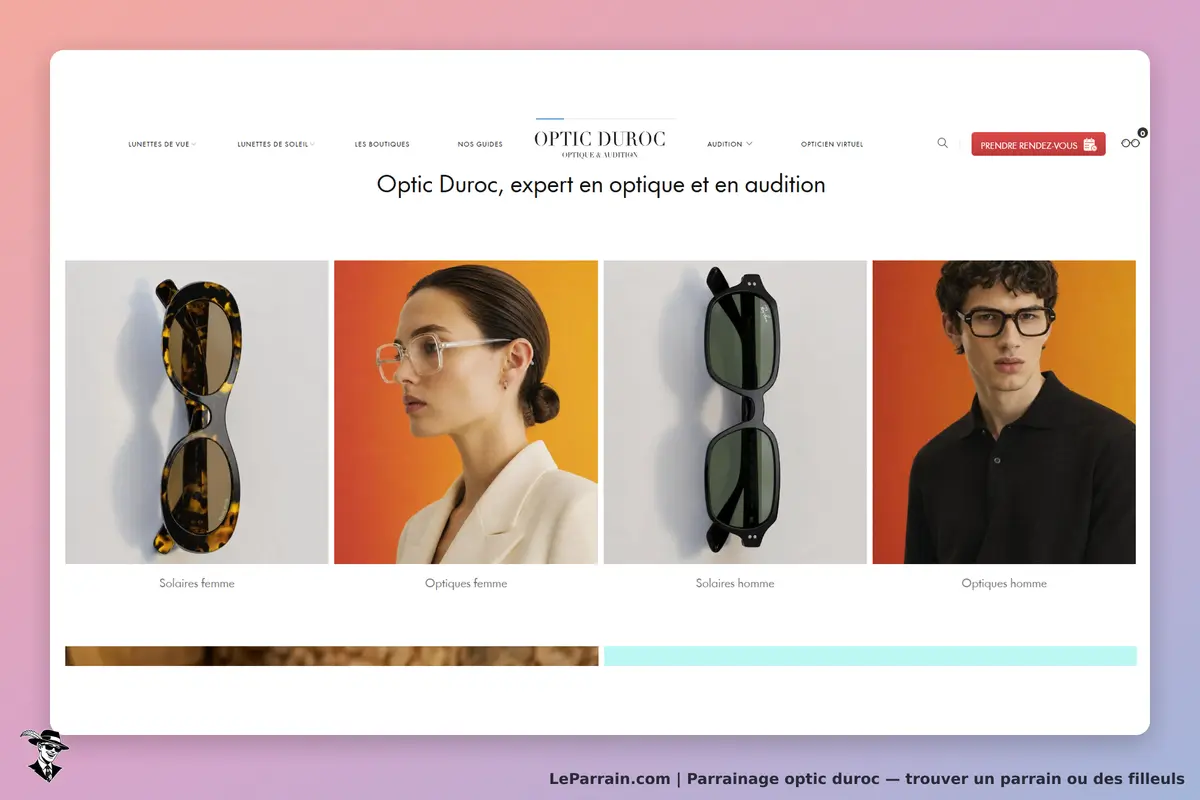 Optic Duroc : trois paires de lunettes, deux modèles solaires et deux optiques, sur fond coloré