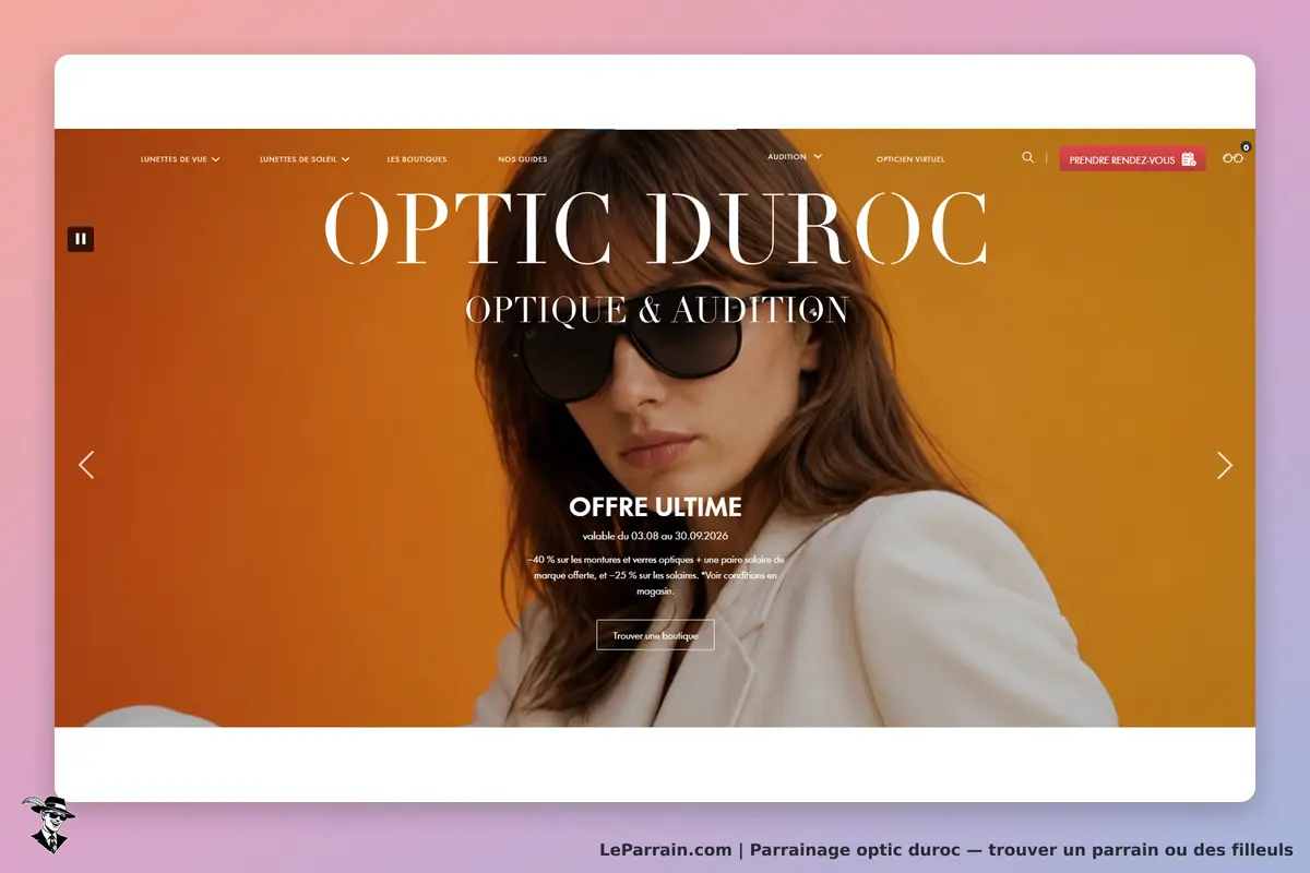Optic Duroc : page d'accueil avec modèle portant des lunettes de soleil sur fond orange