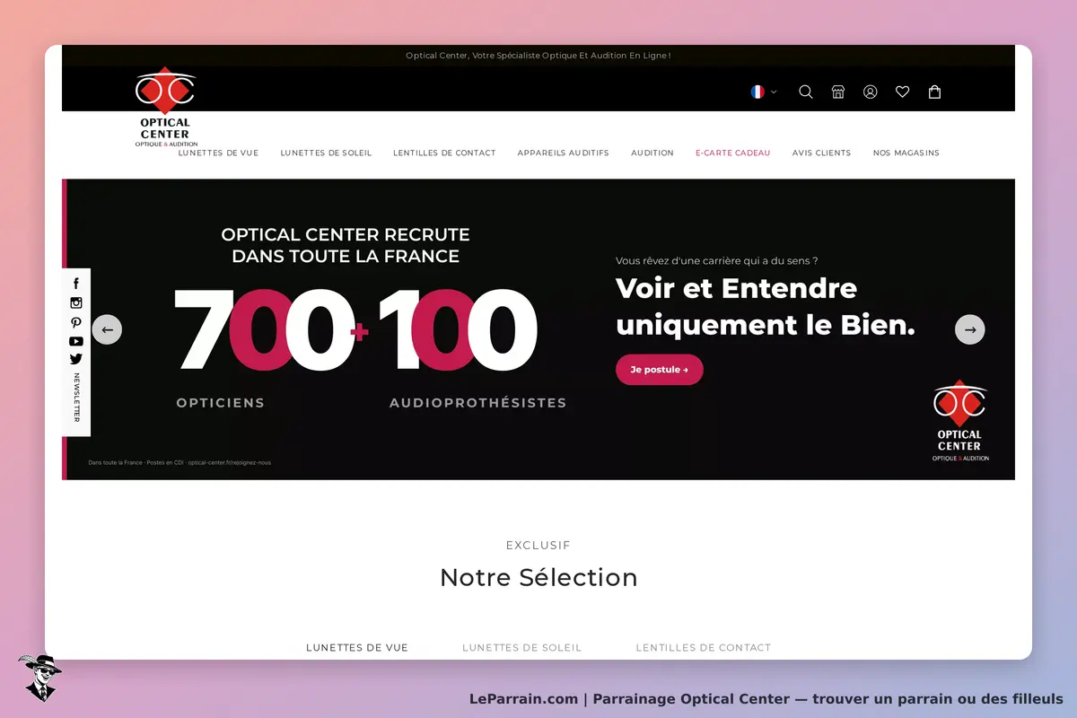 Optical Center : page d'accueil avec recrutement d'opticiens et audioprothésistes