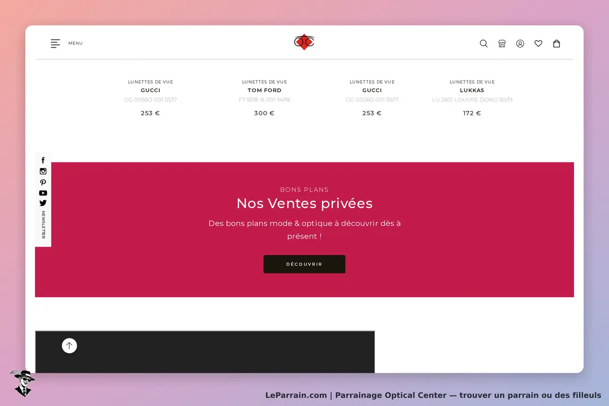 Optical Center : page d'accueil avec lunettes de vue et section sur les ventes privées