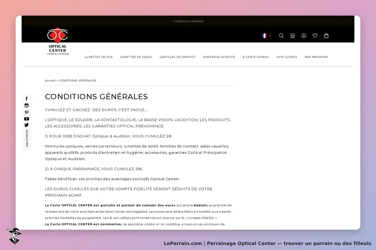 Optical Center : page des conditions générales avec informations sur le parrainage et les produits