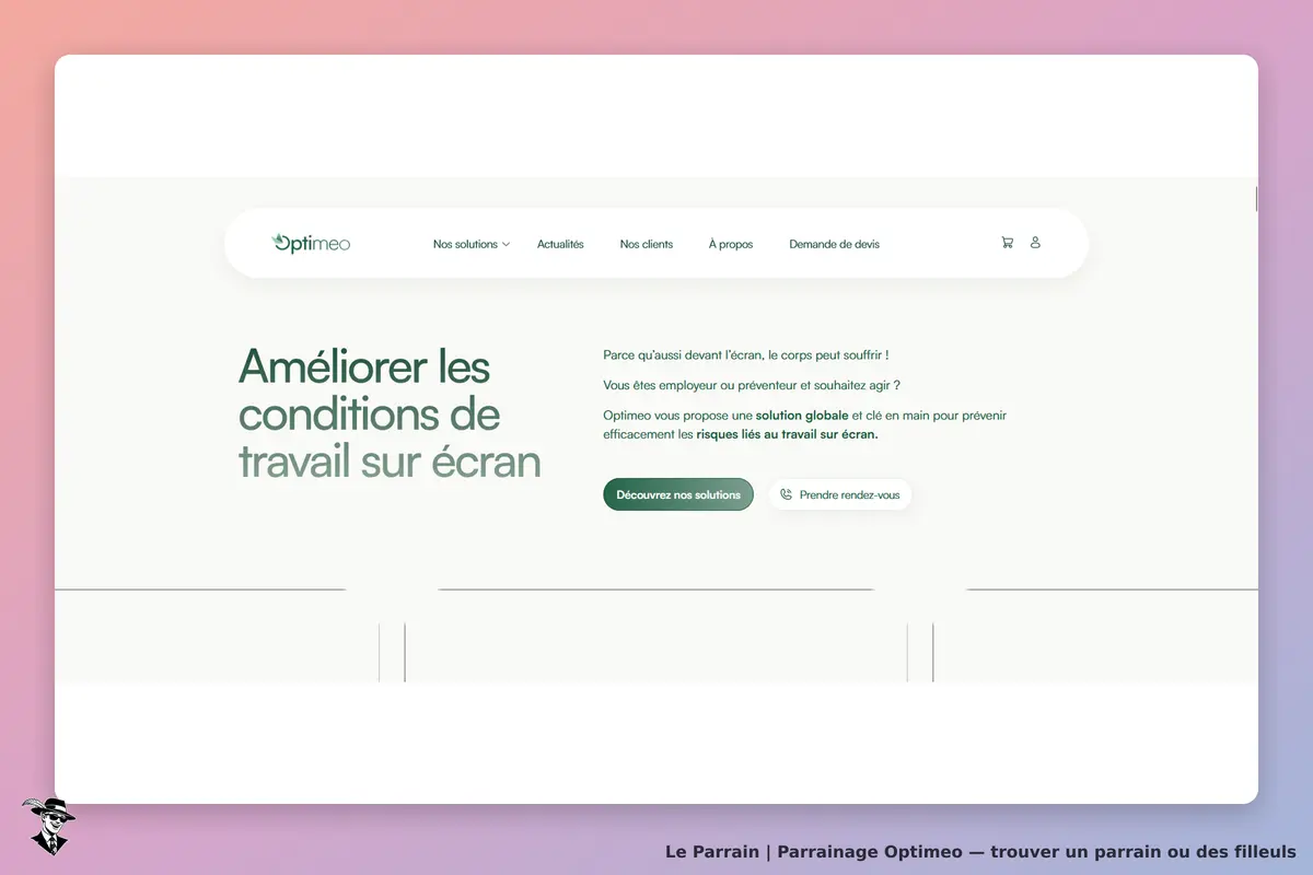 Optimeo : page d'accueil avec un texte sur l'amélioration des conditions de travail sur écran