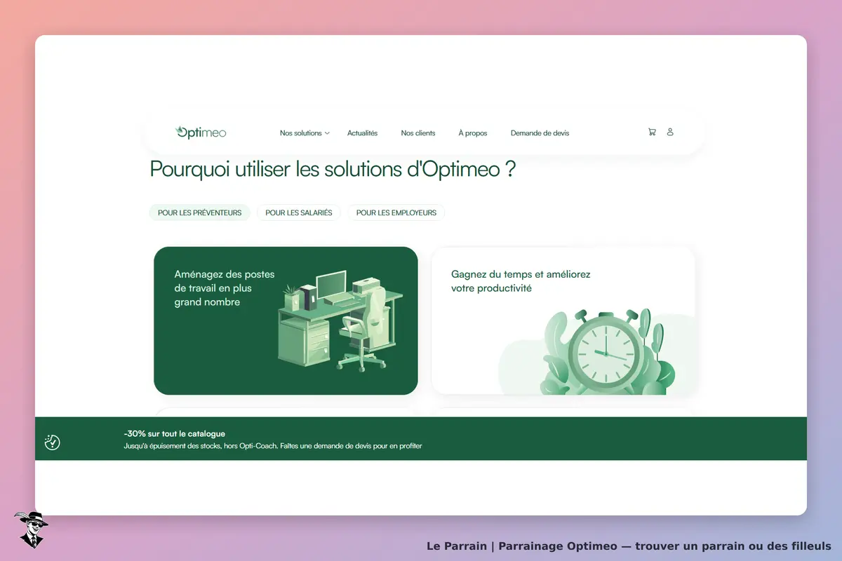 Optimeo : page d'accueil présentant des solutions et des illustrations de postes de travail