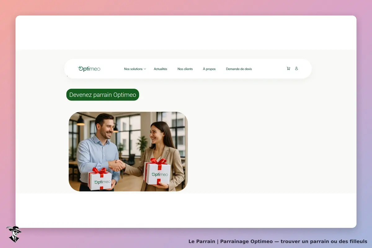 Optimeo : page d'accueil avec un message et une image de deux personnes échangeant des cadeaux