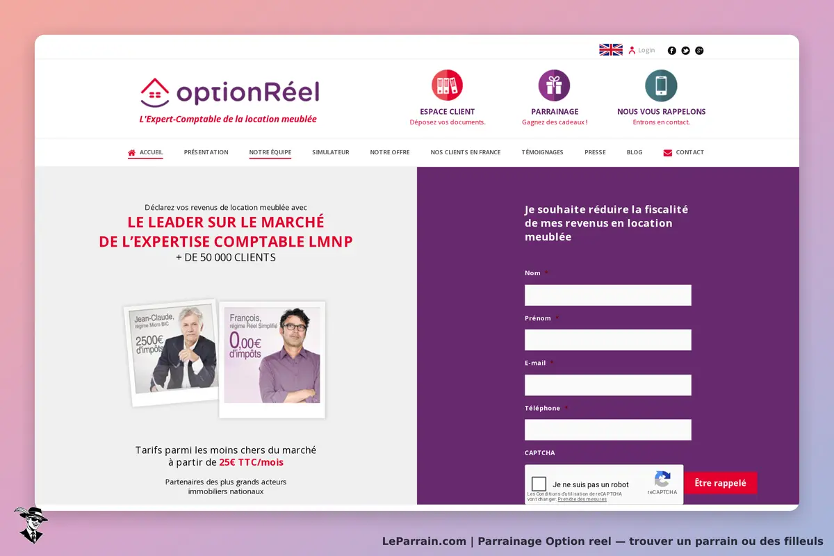 Option reel : option Réel : page d'accueil avec formulaire de contact et présentation de