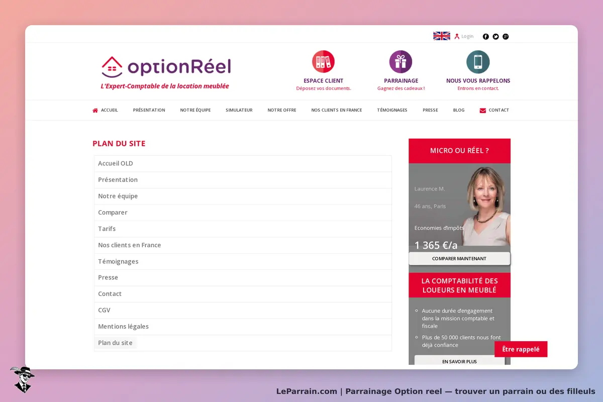 Option reel : option Réel : page d'accueil avec menu et section sur la comptabilité des locations