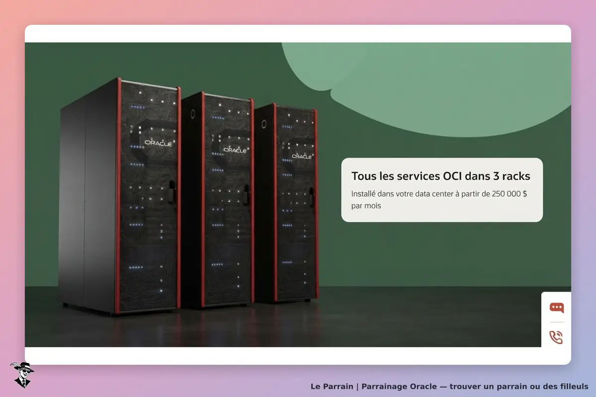 Oracle : trois serveurs rack affichés sur un fond vert avec un texte descriptif à droite