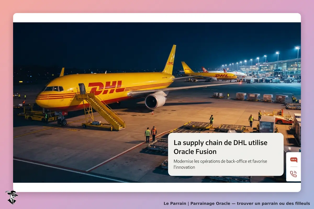 Oracle : un avion DHL au sol, avec des employés et des cargaisons sur un aéroport nocturne