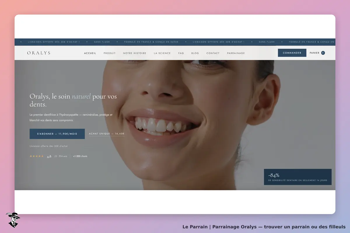 Oralys : page d'accueil présentant un produit dentaire avec un sourire et des informations