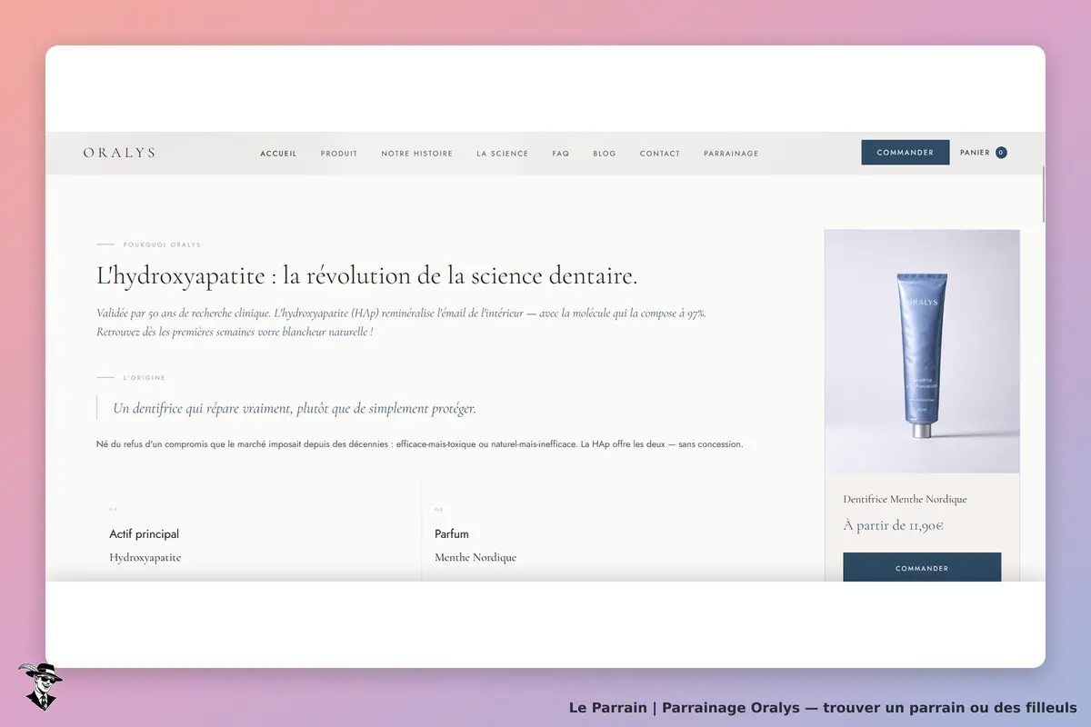 Oralys : page présentant un dentifrice à l'hydroxyapatite et ses caractéristiques