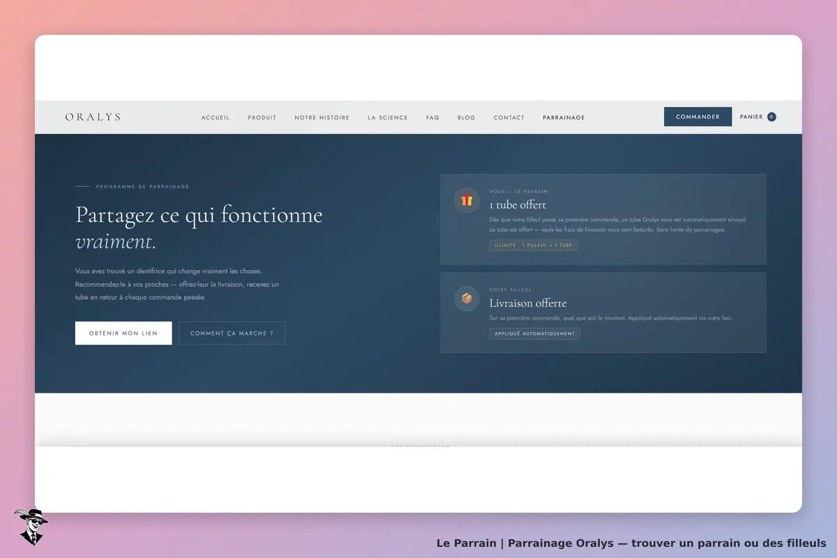 Oralys : page d'accueil présentant le programme de parrainage et ses avantages