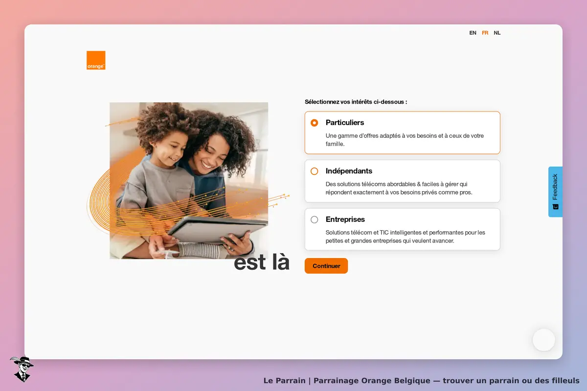 Orange Belgique : orange : page d'accueil avec une mère et son enfant utilisant une tablette, choix