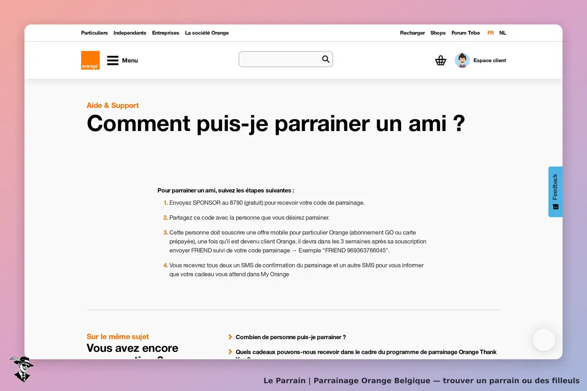 Orange Belgique : orange : page d'aide sur le parrainage avec étapes à suivre et informations