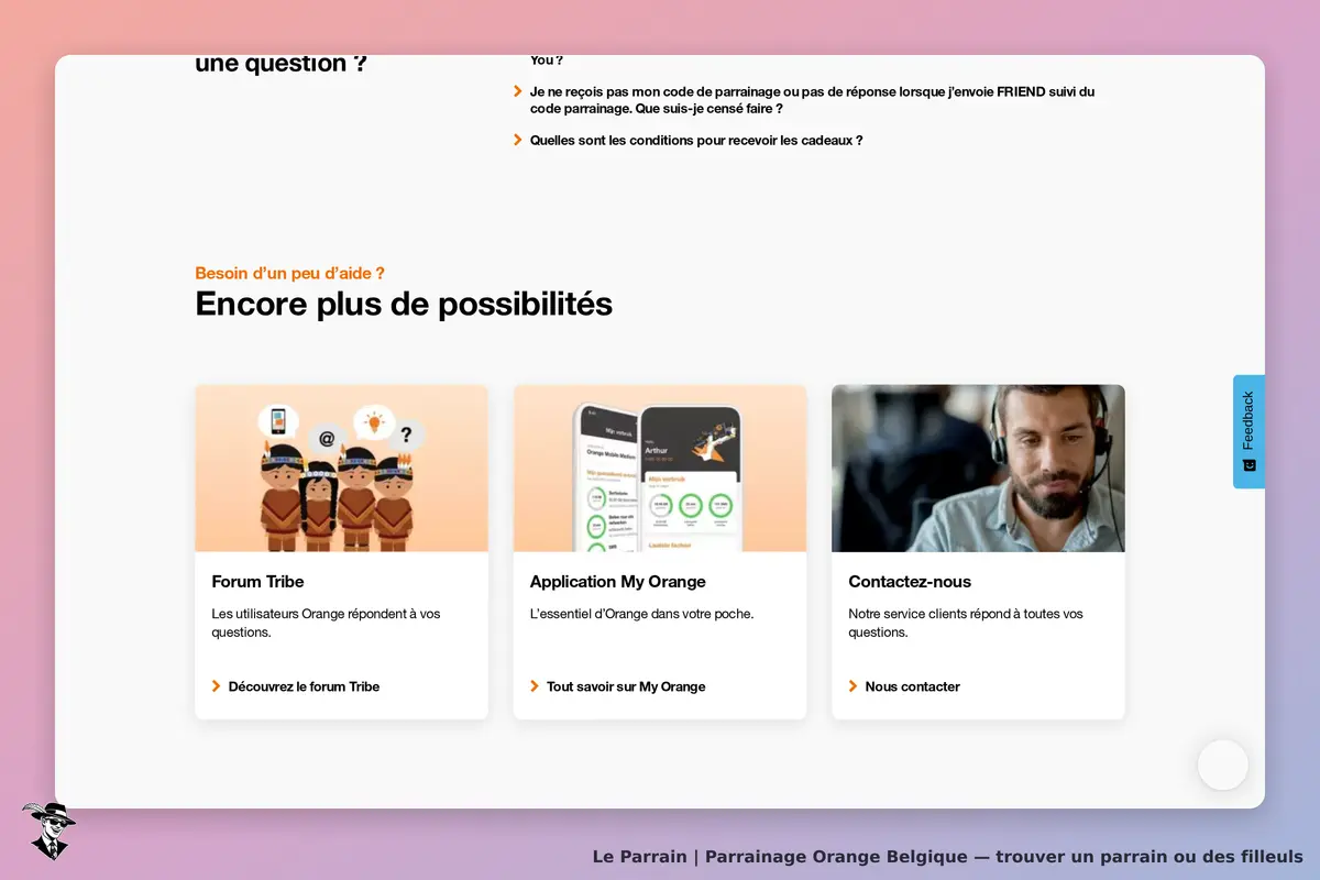 Orange Belgique : section d'aide avec trois options pour contacter ou utiliser des services