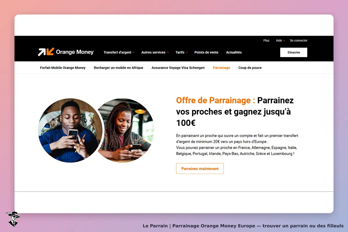 Orange Money Europe : orange Money : page d'accueil avec images de deux personnes utilisant leurs