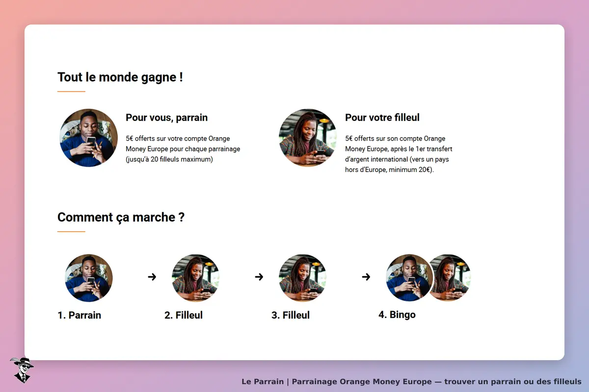 Orange Money Europe : page d'accueil avec informations sur le parrainage et étapes illustrées