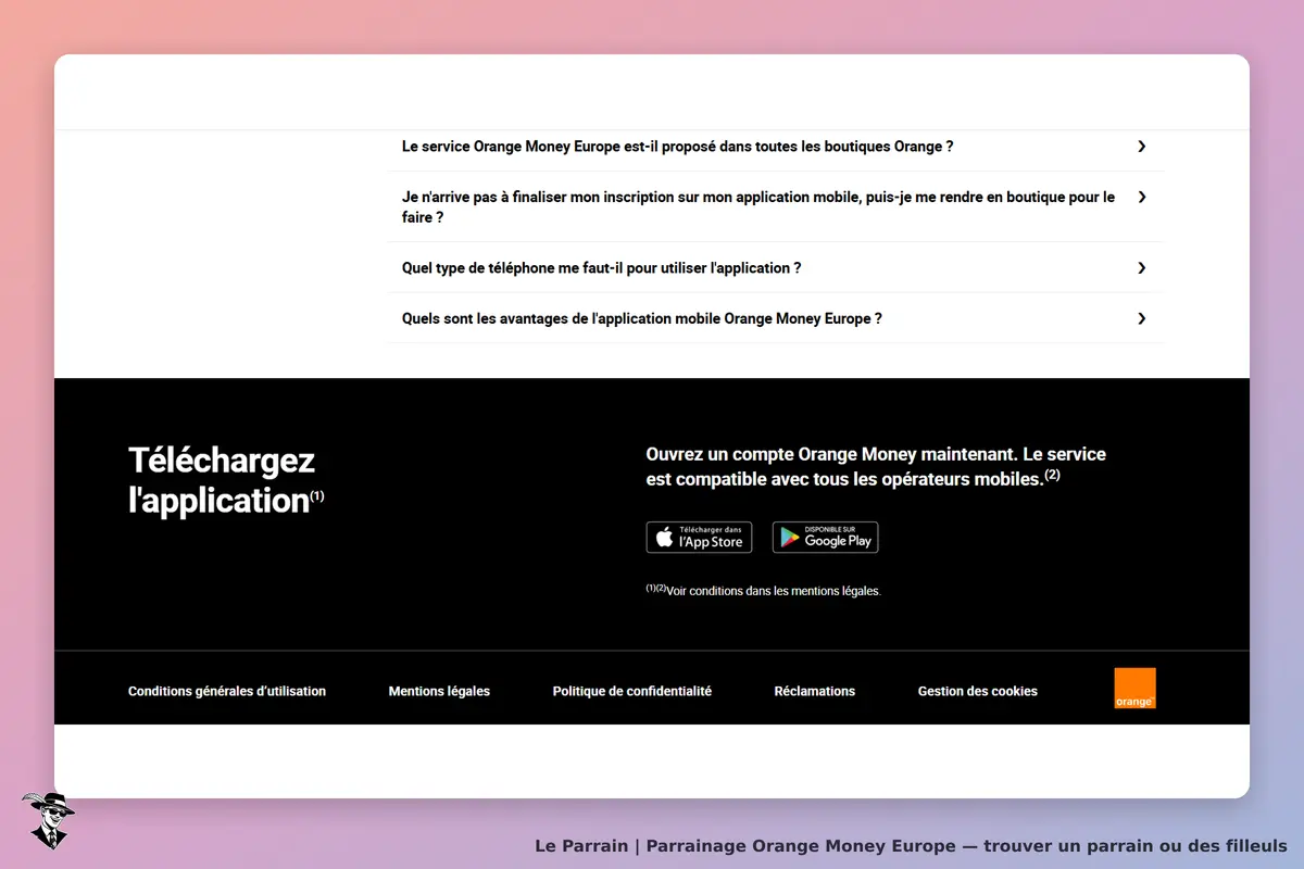 Orange Money Europe : page d'accueil avec questions fréquentes et options de téléchargement