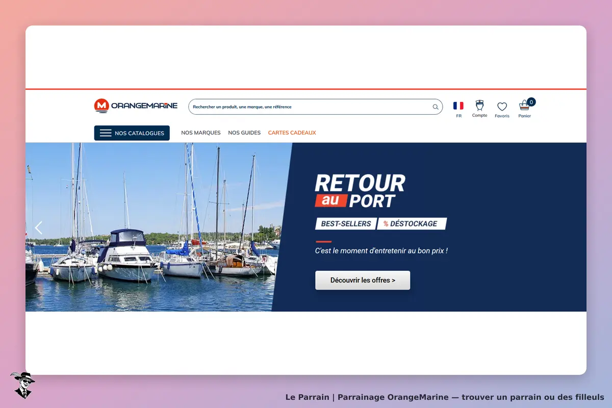 OrangeMarine : page d'accueil avec voiliers amarrés et message "Retour au port"