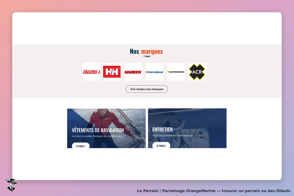 OrangeMarine : logos de marques de navigation et sections pour vêtements et entretien de bateau