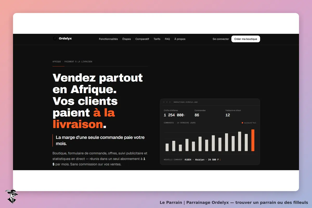 Ordelyx : page d'accueil avec texte sur la vente en Afrique et statistiques de commandes