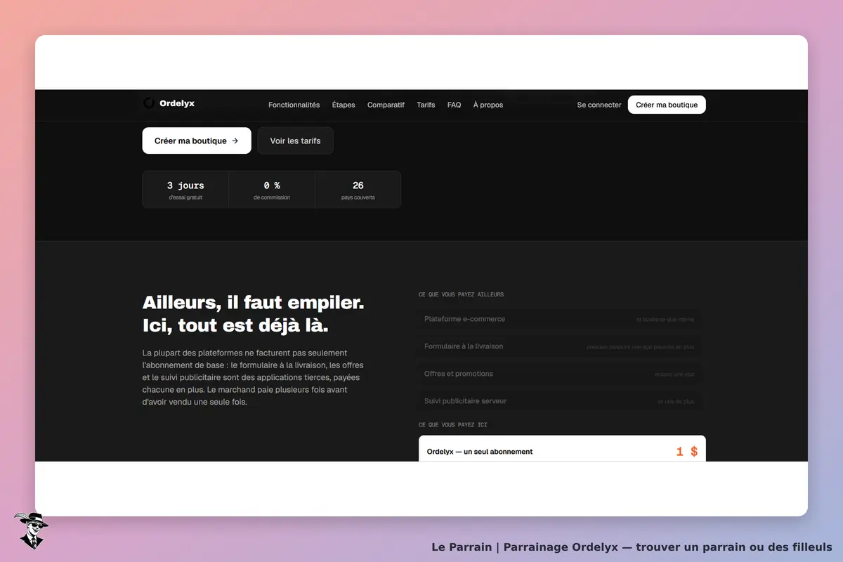 Ordelyx : page d'accueil avec un bouton pour créer une boutique et un texte explicatif