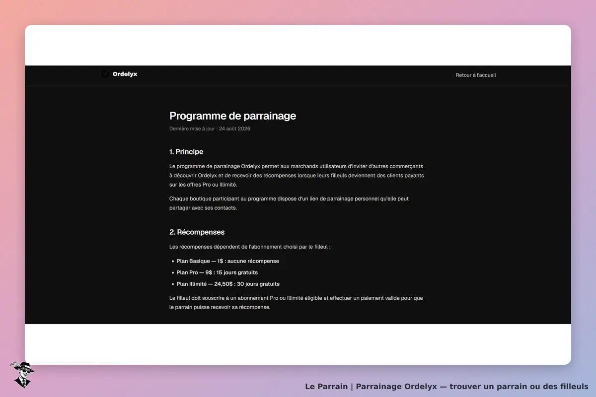 Ordelyx : page présentant le programme de parrainage avec sections sur le principe et les