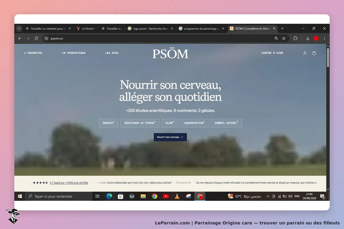 Origine care : pSŌM : page d'accueil avec slogan sur la nutrition cérébrale et options de produits