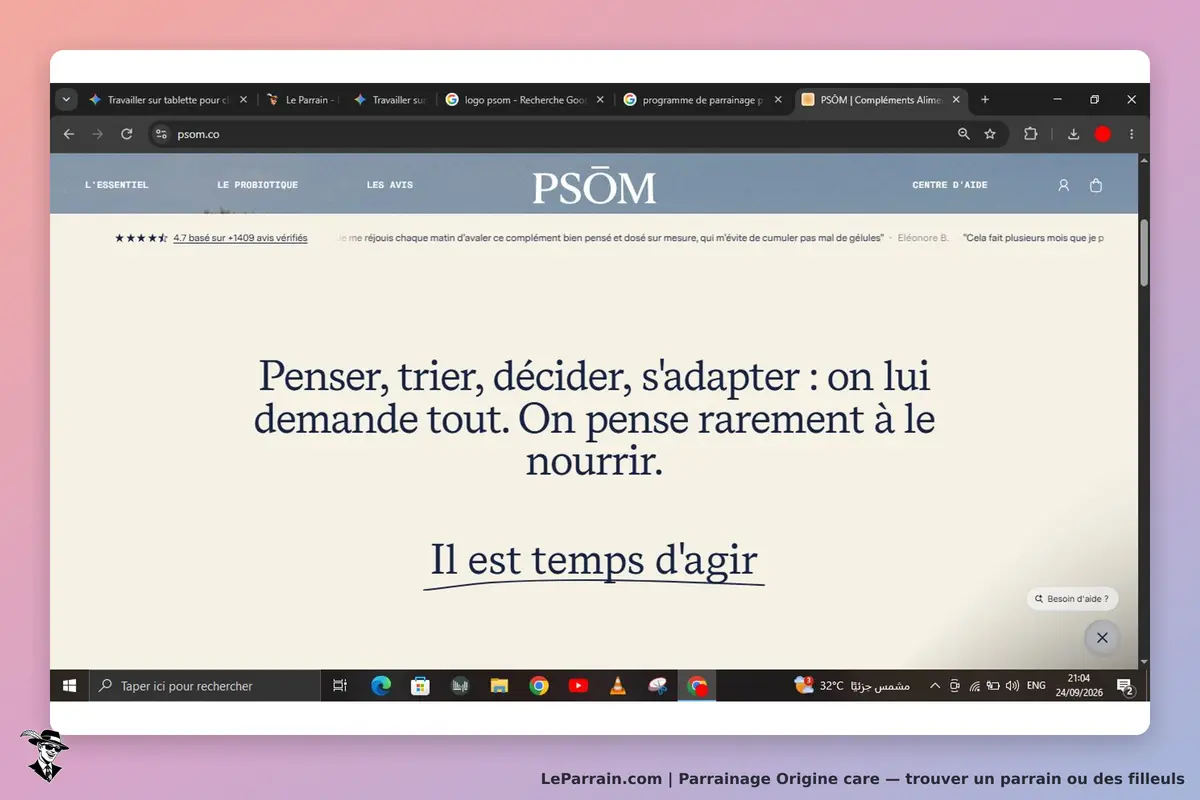 Origine care : pSŌM : texte sur fond clair évoquant la réflexion et l'adaptation, avec un appel à