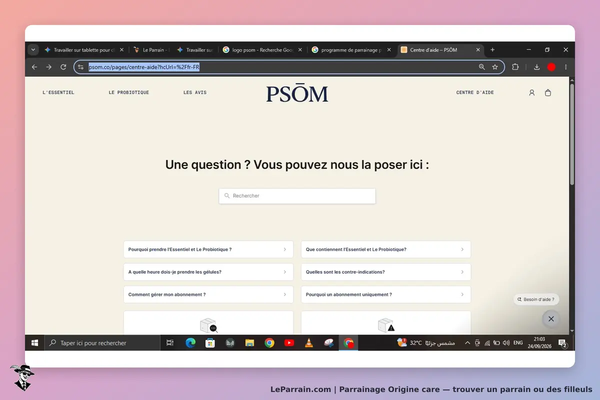 Origine care : pSÔM : page d'accueil avec une section de questions fréquentes et un champ de