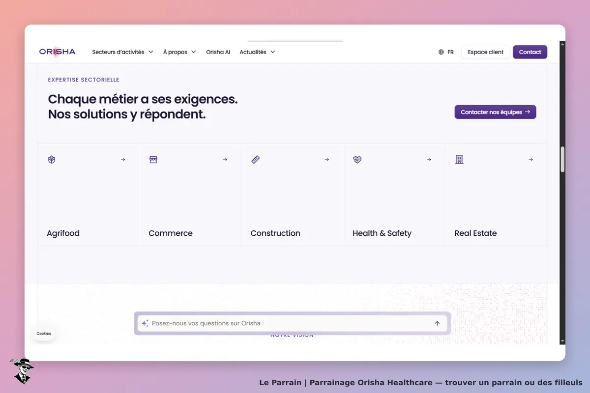 Orisha Healthcare : page d'accueil avec secteurs d'activités et formulaire de contact