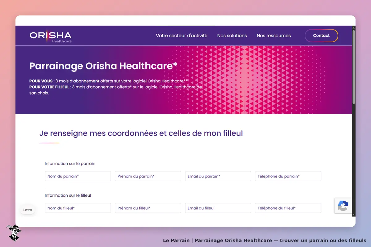 Orisha Healthcare : formulaire de parrainage avec champs pour parrain et filleul