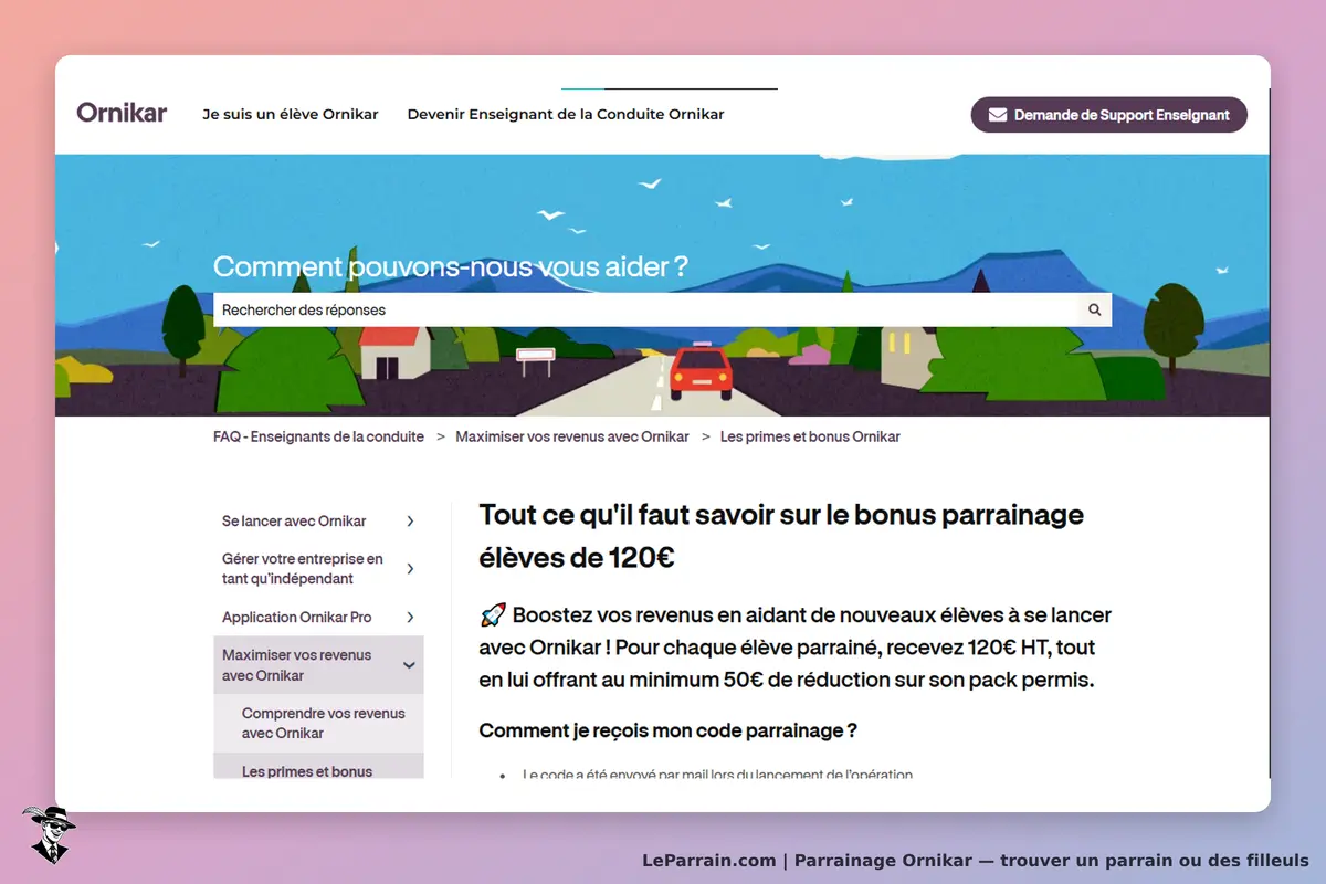 Ornikar : page d'accueil avec un formulaire de recherche et des sections d'aide pour les