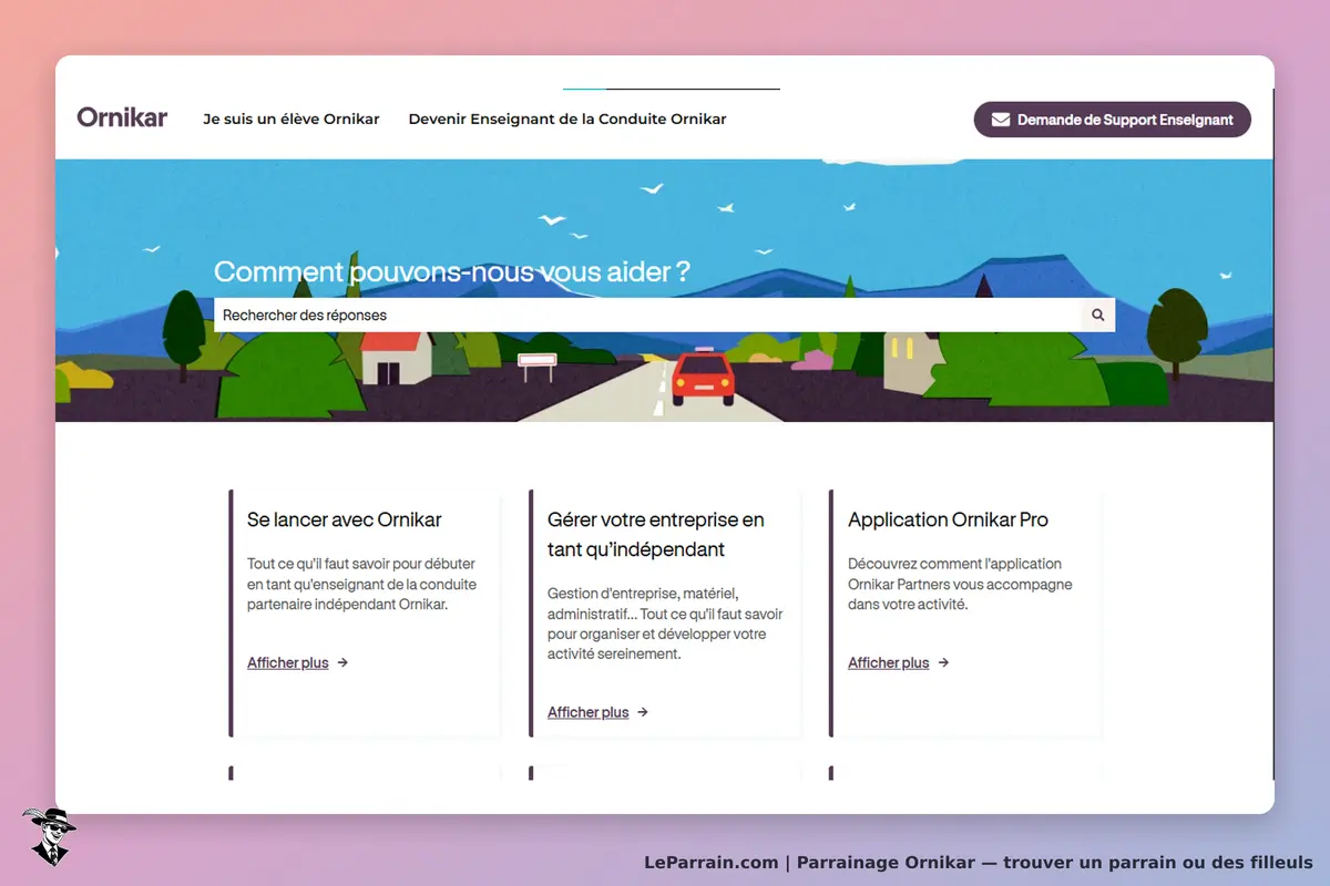 Ornikar : page d'accueil avec options d'aide et visuel de route et paysages colorés