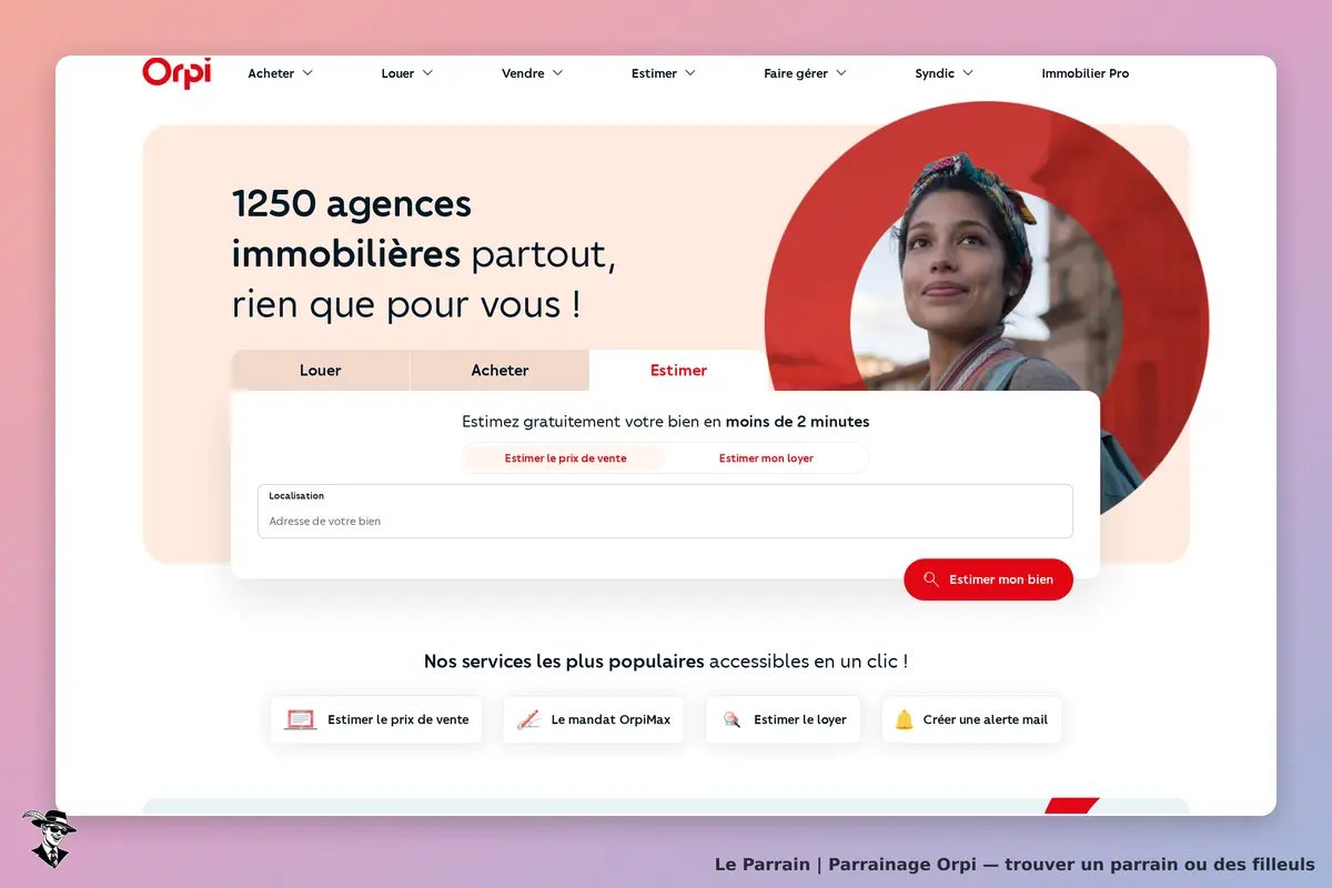 Orpi : page d'accueil avec un formulaire d'estimation et une image d'une femme souriante