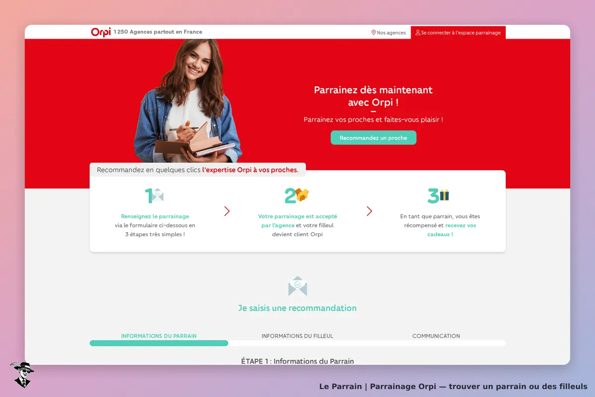 Orpi : page d'accueil avec formulaire de parrainage et étapes explicatives